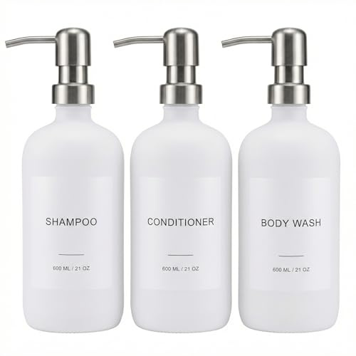 Dispenser per shampoo e balsamo con pompa in acciaio inox (bianco-argento), set da 3 pezzi – 600 ml bottiglie da doccia ricaricabili in PET con pompa in acciaio inox, imbuto e etichette