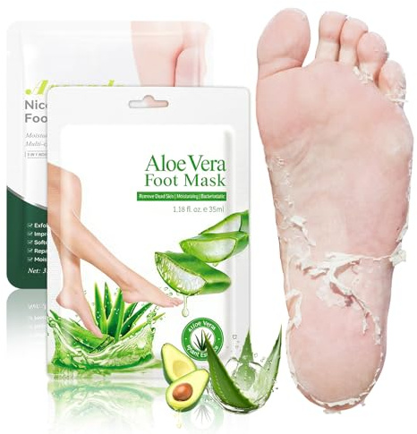 2 Pares Mascarilla Pies Exfoliante, Mascarilla Exfoliante Pies, Calcetines Exfoliantes para Mujer y Hombre, Hidratación Profunda para Agrietado (Aloe Vera + Aguacate)