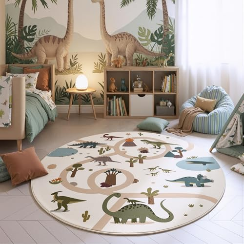 HomebyHome Kinderteppich Dinosaurier Spielteppich rund 160 cm für Kinderzimmer in Creme Dino Motiv ideal als Spielunterlage