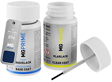 MG PRIME Autolack Lackstift für Mercedes 896/5896 Brillantblau Metal. +1K | Brillant Blue Metallic / Brillantblau Metallic, Set aus Basislack + Klarlack, Lackfläschchen mit Pinsel, je 50ml