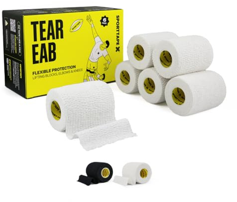 SPORTTAPE 6 Rouleaux Déchirable EAB - 7,5 cm x 4,5 m - Blanc - Strapping | Bande élastique adhésive déchirable, Bande rugby, strapping léger médical, bloc haltérophilie, genou, coude & poignet