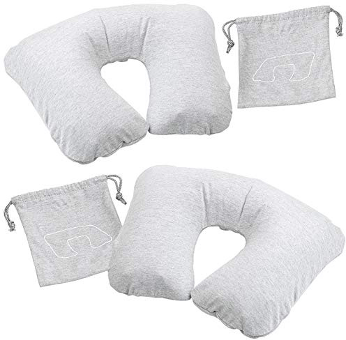 PEARL Flugkissen: 2er-Set aufblasbare Nackenhörnchen, Abnehmbarer Polycotton-Bezug, grau (Aufblasbares Kissen Flugzeug, Aufblasbares Reisekissen Flugzeug, Handgepäck)