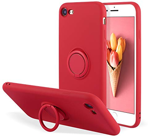 UEEBAI Case for for iPhone 7/8/SE 2022 5G/SE 2020, Ultra Slim Liquid Silicone Phone Case Ring Holder Kickstand Magnetic Car Mount Gel Rubber TPU Cover for iPhone SE3/SE2 - Red