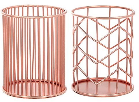 ZYFFHG Stifteköcher aus Metall, rund, hohl, in Roségold, Aufbewahrungsregal für Schreibtisch, Halter für Pinsel und Stifte mit Blumen, dekorativ, 2 Stück