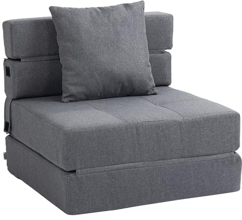 HOMCOM Schlafsessel klappbar, Schlafsofa, 2-in-1 Klappsessel mit Bettfunktion, Relaxsessel mit Kissen, Gästebett für Wohnzimmer, Schlafzimmer, bis 120 kg Belastbar, Dunkelgrau