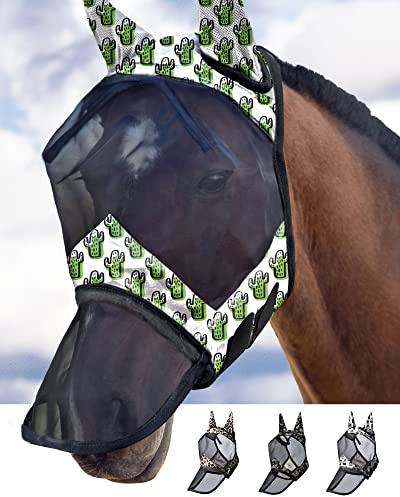 Harrison Howard LumiVista Horse Flugmask Lång näsa med öron UV-skydd för hästgrön kaktus (M; Cob)