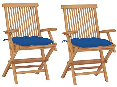 vidaXL 2X Teak Massiv Gartenstuhl mit Blauen Kissen Armlehnen Klappbar Gartenstühle Klappstuhl Klappstühle Stuhl Stühle Holzstuhl Gartenmöbel