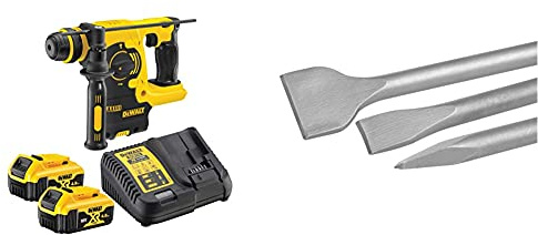 DEWALT - Perforateur SDS-PLUS Brushless 2.1J 18V 4Ah Li-Ion - DCH253M2-QW & Jeu de 3 Burins SDS-PLUS - DT60330-QZ - 2 Burins Plats et 1 Burins Pointu - 25 cm - Burins SDS-PLUS pour Perforateurs
