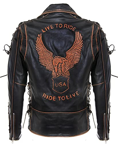 Infinity Leather Herren Jahrgang Schwarz Brando LIVE to Ride Geprägte Eagle Leder Motorrad Motorradjacke
