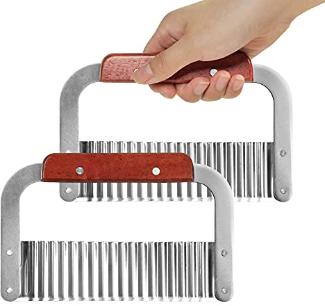 2 Pieces Crinkle Cutter for Vegetables - Stainless Steel Wavy Potato Chopper Knife with Wooden Handle - Crinkle Sweet Potato Fries Cutting Tool for Cutting Carrots, Cucumbers, Soap