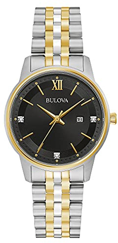 Bulova Ladies' Classic Diamond Two-Tone Gold Stainless Steel 3-Hand Calendar Date Quartz Watch, Black Dial Style: 98P198