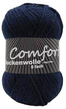 8-fädige Sockenwolle Strumpfwolle Uni – besonders warmes dickes Strumpfgarn - 100gr Knäul – 210 m Lauflänge - Nadelstärke 4,5-5,5 mm-Klassiche traditionelle Zeitlose Farben (marine 855)