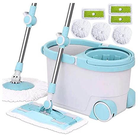JINHH Spin Mop and Bucket Set with Wringer On Wheels Floor Cleaning System with Stainless Steel Round Mop Lever and Flat Mop Lever for Professional Home Commercial Cleaning