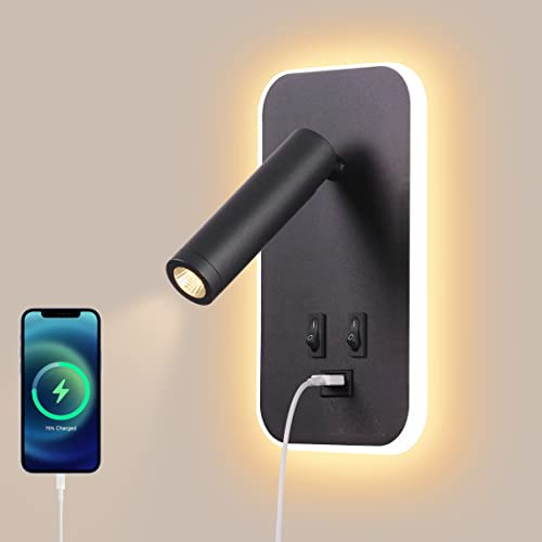 AWEKLIY 3W+9W LED leselampe wandlampe USB-Aufladung mit schalter wandleselampe Bettlampe Nachtlicht innen Leselicht Schwenkbar Wandbeleuchtung Schlafzimmer Hotels Nachttischlampe 3100K Schwarz