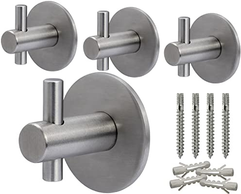 Neuhall 4 x Wandhaken Kleiderhaken Wand Handtuchhaken echt Edelstahl gebürstet nicht rostend Garderobenhaken Badezimmer Handtuchhalter für Wand-Montage inkl. Befestigungsset | Modern-rund Länge: 25mm