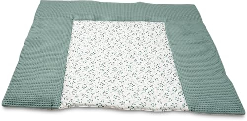 ULLENBOOM Wickelauflage 85x75 cm Waffelpiqué Floral Grün (Made in EU) - Wickelunterlage Waschbar und für Unterwegs geeignet, Bezug: 100% OEKO TEX Baumwolle, Wickeltischauflage 75x85