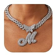 Silver Cuban Link Chain for Women Letter M Necklace Initial Custom Chain Name Necklaces Personalized Necklaces imitation Diamond Iced Out Chains Pendants Bling Necklace Hip Hop Jewelry for Women