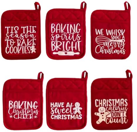 Christmas Pot Holders with Pockets Funny Pot Holders Christmas Oven Mitts Red Baking Gloves for Even Hot Pads for Baking Cooking 6PCS