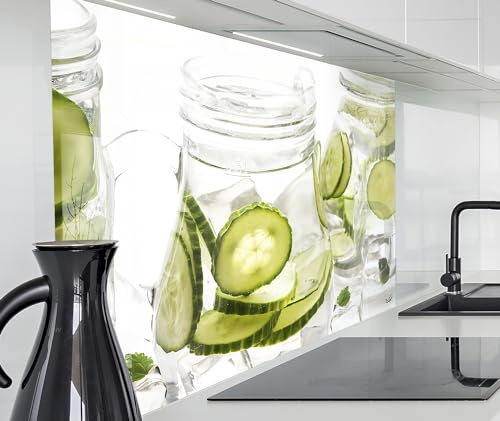 timalo Herd Spritzschutz Wand Spüle, Küche Küchenrückwand Glasoptik | Acryl Glas 2mm | Glasrückwand Acrylglas Küchenpaneele Rückwandschutz Platte | 100x50cm Wasserkanne Karaffe Glas mit Gurken