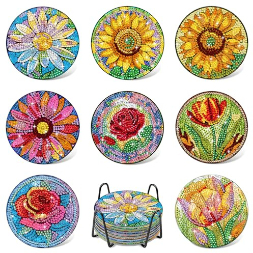 8 Stück Blumenuntersetzer, Diamant Kunst Kits mit Halter, 5D DIY Diamant Malerei Untersetzer, Mosaik Kits für Erwachsene Anfänger, rutschfeste Getränkeuntersetzer,
