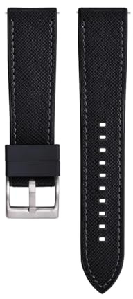 CHROONOO Saffiano Leder/Kautschuk Hybrid Performance Uhrenarmband | 10 Farben - 20, 22 mm - Schließe: Silber Gebürstet | Saffiano Leder, FKM-Kautschuk | Ersatz-Armband
