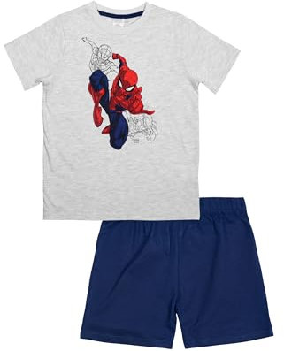 Marvel Spiderman Schlafanzug für Jungen - Kinder Pyjama Set Kurzarm Oberteil mit Hose Grau/Blau (DE/NL/SE/PL, Numerisch, 122, 128, Regular, Grau/Blau)