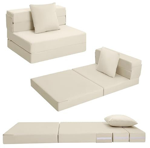 MeMoreCool Faltbare Klappmatratze, Hochdichter Schaumstoff Schlafsofa, Boden-Futon-Matratze, 4-teilige Gästematratze Gästebett Klappbar, Klappmatratze Sessel, Faltmatratze 75x195cm, Beige