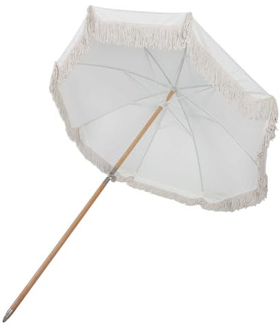 RIZGHWOY Ombrellone da Spiaggia con Frangia di Protezione, Patio Esterno per Giardino, 8 Stecche, Ampia Zona D'Ombra, Borsa per il Trasporto, Palo in Legno (Beige)