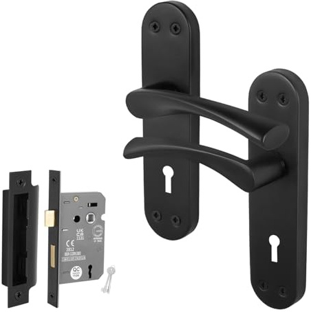 EAI Matt Black Door Handles with Sash Lock 64mm - Novoli | Complete Sash Lock Kit with 1 Pair of T-Bar Lever on Backplate Door Handles, 64mm Sash Lock, Fixings Included
