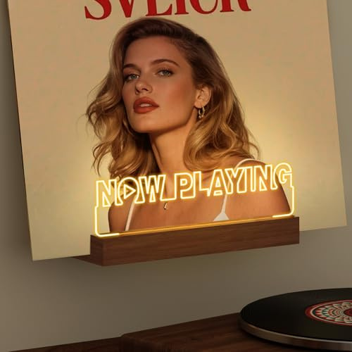 OkiyiD Now Playing - Supporto da parete per dischi in vinile, decorazione da parete, base in legno a LED con luci bianche calde e morbide, regalo per gli amanti della musica