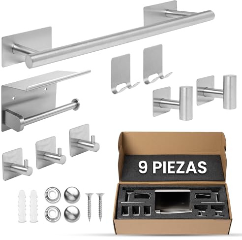 ORZAC®️ Accesorios Baño Sin Taladro - Set de 9 Piezas con Toalleros de Baño Sin Taladro, Colgadores Adhesivos Resistentes y Ganchos Adhesivos para Pared (PLATA)