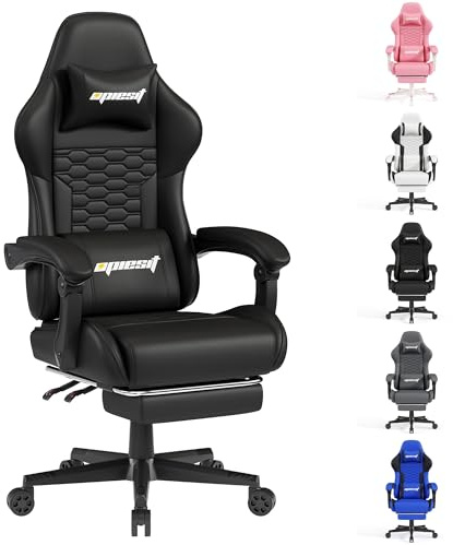 Opiesit Gaming Chair with Footrest,Ergonomic Gaming Chairs for Adults,Adjustable Height,Computer Game Chair with Headrest and Lumbar Support,Backrest Adjustable Swivel Gamer Chairs,Black