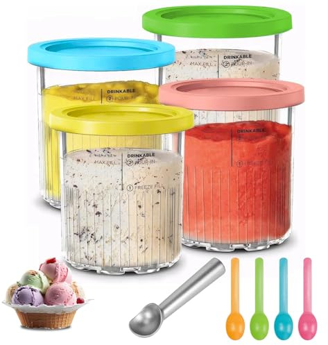4 Piezas Recipiente Helados con 4 Tapas & Cuchara, Contenedores Repuesto Helada Reutilizables, Accesorios Máquina Helado Sin BPA, Recipientes Heladora Casero Apto Lavavajillas para Serie NC501/NC500