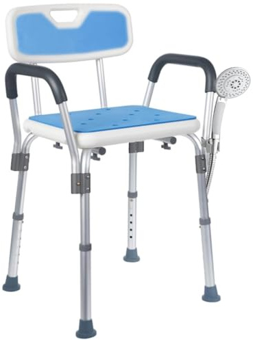 ROMIOR Shower Seat - Adjustable, Padded Shower Stool with Back Rest - Bath Chair for Elderly Adults & Seniors with Handles and Tool-Free Assembly (Blue, Adjustable)