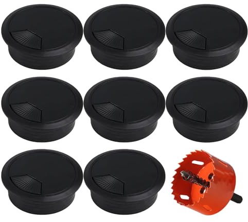 8 Stück Kabeldurchführung Schreibtisch, 60mm Kabeldurchführung Kabeldurchlass Tisch mit 1 Lochsäge Kabelauslassdose Tisch Rund für Schreibtische/Büro/Arbeitsplatten Schwarz