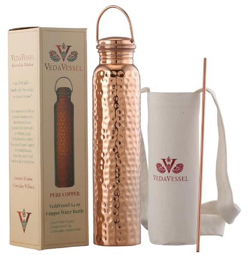 100% Pure Copper Water Bottle 64 oz with Handle, Lid, Carrying Bag & Straw - Hammered Ayurvedic Copper Water Jug 2L