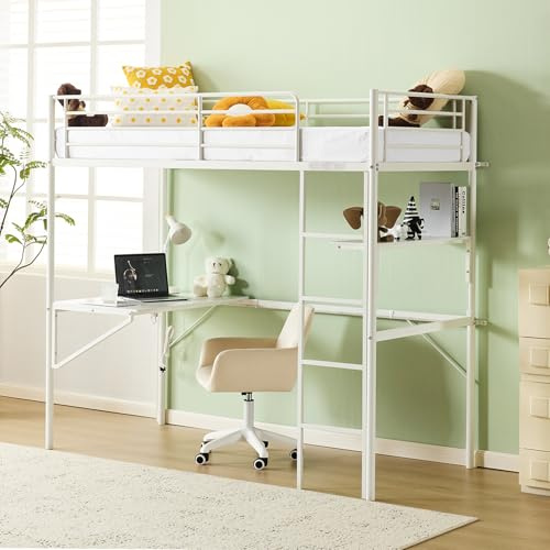 Bonnlo Loft Bunk Bed with Desk, Non-Slip Straight Ladder Single Loft Bed with Outlet and LED Light Strip, Multifunctional Metal Bed Frame Raised for Kids, Teens and Adults, White