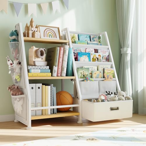 GoTiling Estantería para niños con 1 Caja de Almacenamiento y 3 Compartimentos Abiertos, Organizador de Juguetes para guardería, Sala de Juegos, Naturaleza