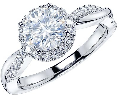 Sterling Silver Petite Twisted Vine 1CT Round Brilliant Cut Genuine Moissanite Halo Engagement Ring Promise Ring (N)