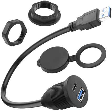 QIANRENON Adaptador fijo 2 en 1 USB 3.0 a USB 3.0 y USB C roscado, cable corto de 5 GBps tipo A macho a A + C hembra, montaje integrado 1 a 2, carga 5V3A, salpicadero montado para coche/RV, 30 cm