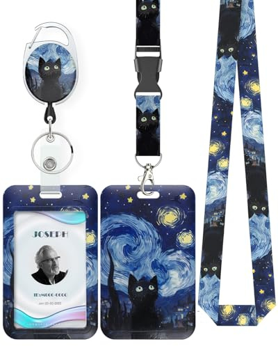 Uniclife Porta Tarjetas Identificativas La Noche estrellada y Gato Negro Portatarjetas de Plástico Retráctil Mosquetón Cordón Desmontable Protector Vertical Tarjetas Empleados Enfermera Estudiante