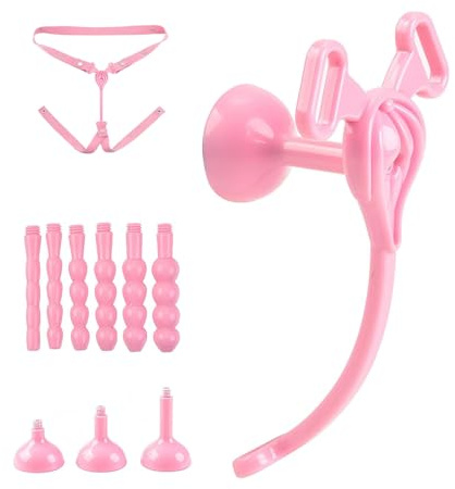Cage de Chasteté pour Pénis Inversée Sex Toys Sissy Cage Chastetée avec 3 Bacs à Urine et 6 Cathéters Jouet Adulte Chastity Cage Man en ABS avec Ceinture pour Exercer le Pénis (Pink,B)