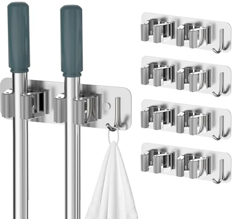 Cosicosy Mop Broom Holder, SUS304 Stainless Steel Mop Holder Wall Mounted 2 Racks with Hook Broom Hanger 4 Pcs Broom Holder Self-Adhesive/Perforated (Include Screws), Silver