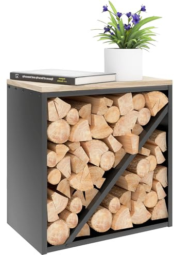 Outsunny 2-in-1 Kaminholzregal für innen 58 x 36 x 60cm erhöhtes Brennholzregal mit Trenner Kaminholzständer für Kamin Ofen Feuerholzregal Holzregal für Feuerholz, Brennholz Metall Schwarz