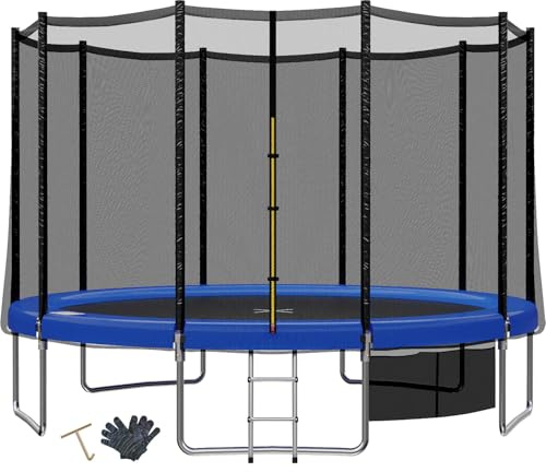 TRIUMPHKEY Cama Elástica Exterior para Niños Ø 183/228/305/366/427 cm, Trampolín de Jardín, Juego Completo con Red de Seguridad, Escalera, Cubierta de Borde, Capacidad de Carga 150 kg Azul