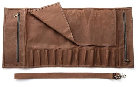 Bolsa para cubiertos Bolsa enrollable for guardar cuchillos de cocina, 12 ranuras for, 2 bolsas con cremallera, lona gruesa portátil, funda profesional for chef(Brown)
