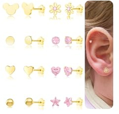 8 par titanörhängen barn flickor, söta medicinska örhängen allergivänliga guld silver flatback örhängen för spädbarn kvinnor hjärta blomma skruvlock örhängen, Small, Rostfritt stål, Kubisk zirkon