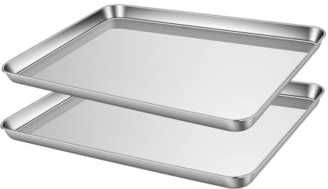 SOUJAP Paquete de 2 bandejas rectangulares de acero inoxidable, 44 x 31 x 2,5 cm, bandeja de horno de metal para cocinar, color plateado