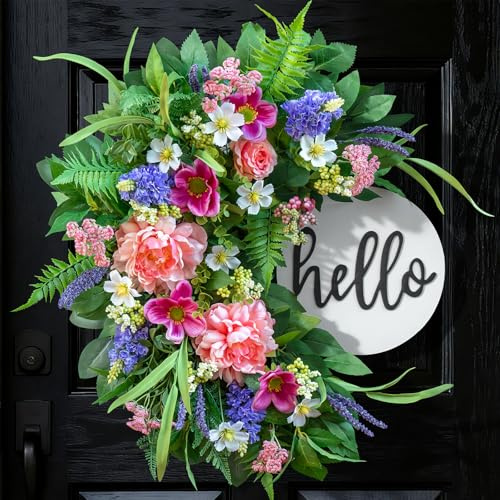 Spring Wreath for Front Door with Wooden Welcome Sign, Artificial Peony, Rose, Lavender & Hydrangea Flowers, Spring and Summer Door Wreath for Indoor Outdoor Decor