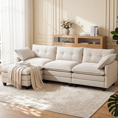 BonVache Sofa mit Verschieblicher Hocker, 3 Sitzer Couch mit höhenverstellbarer Funktion, Cord Schlafsofa L Form mit Mehrlagige Kissenauflage, 284 × 144 × 87 cm, Beige